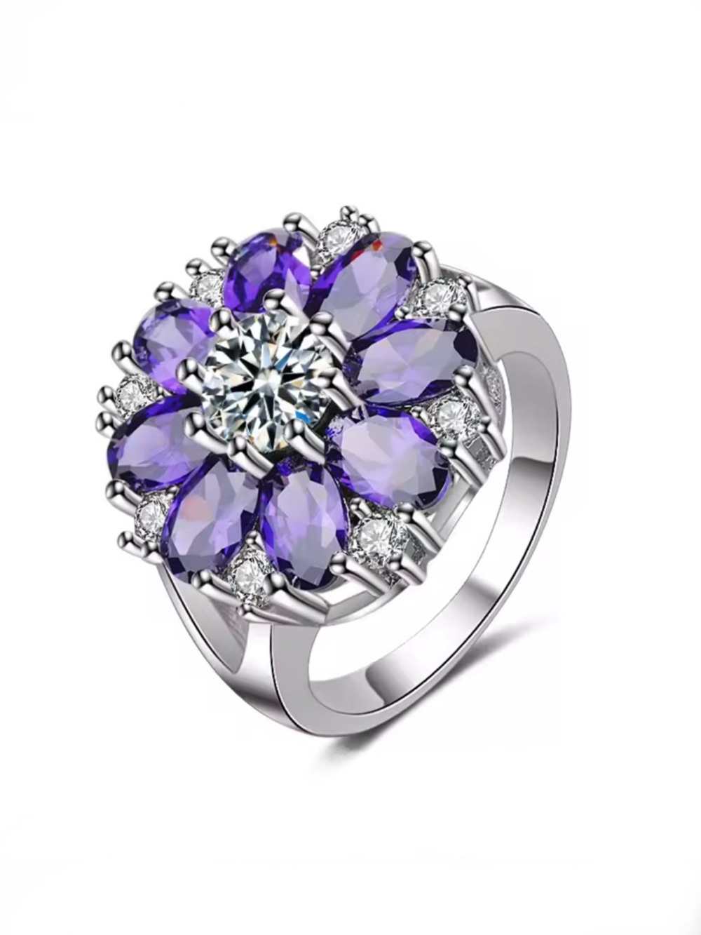 Swarovski Elements Lilac Amethyst 925 Sterling Silver Flower Ring NEW